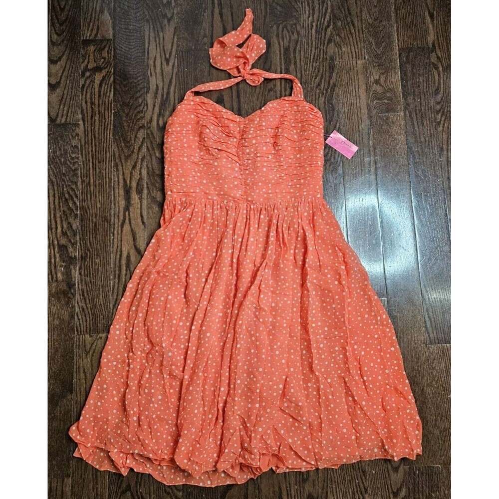Phoebe For Kay Unger Vintage 100% Silk Coral Halter Midi Dress Womens Sz 12 NEW
